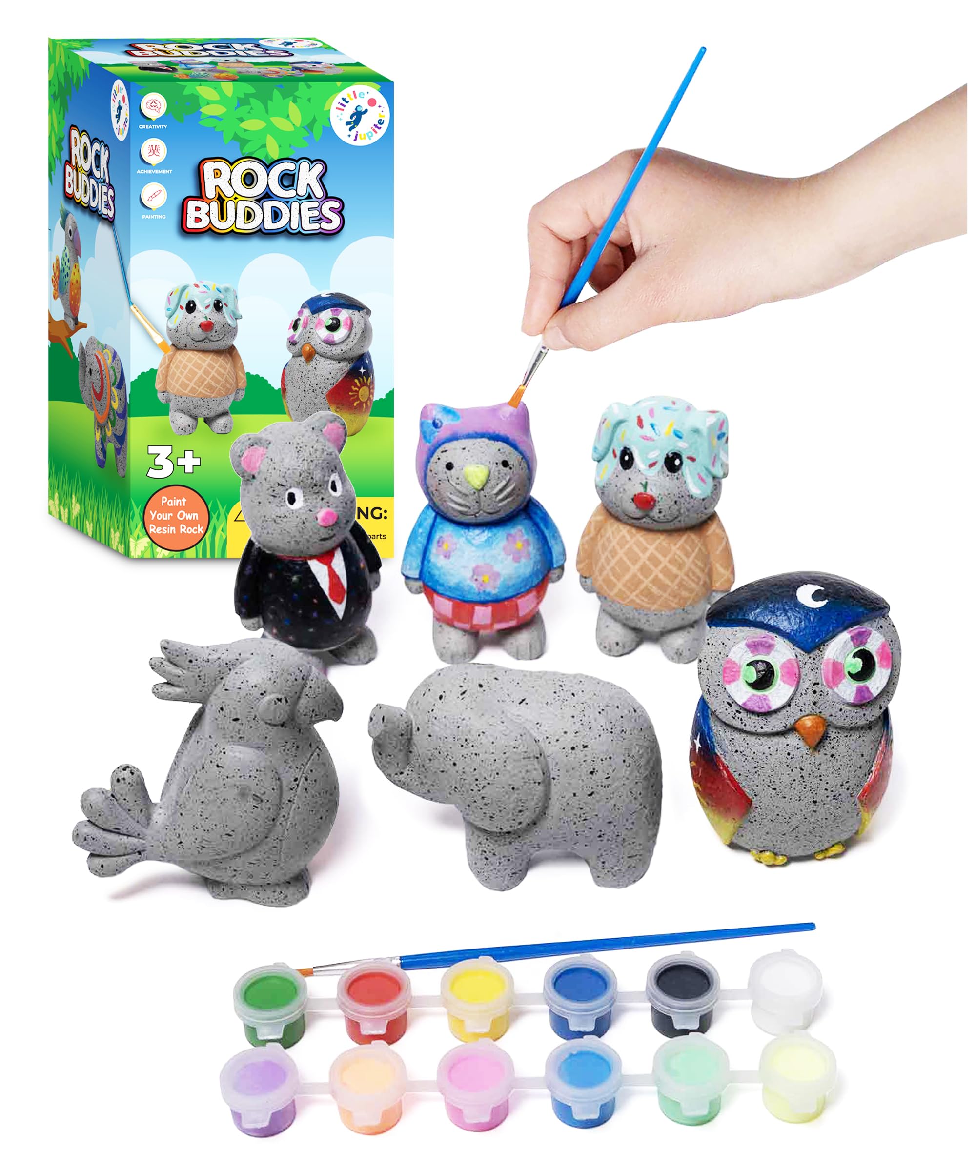Rock Buddies - DIY Resin Shaped Stone Like Material Animal Figures - Ideal Arts and Crafts for Kids 3-12 Yrs old - Complete Kids Painting Crafts with 6 Projects, Paint, & Brush - Children's Activities