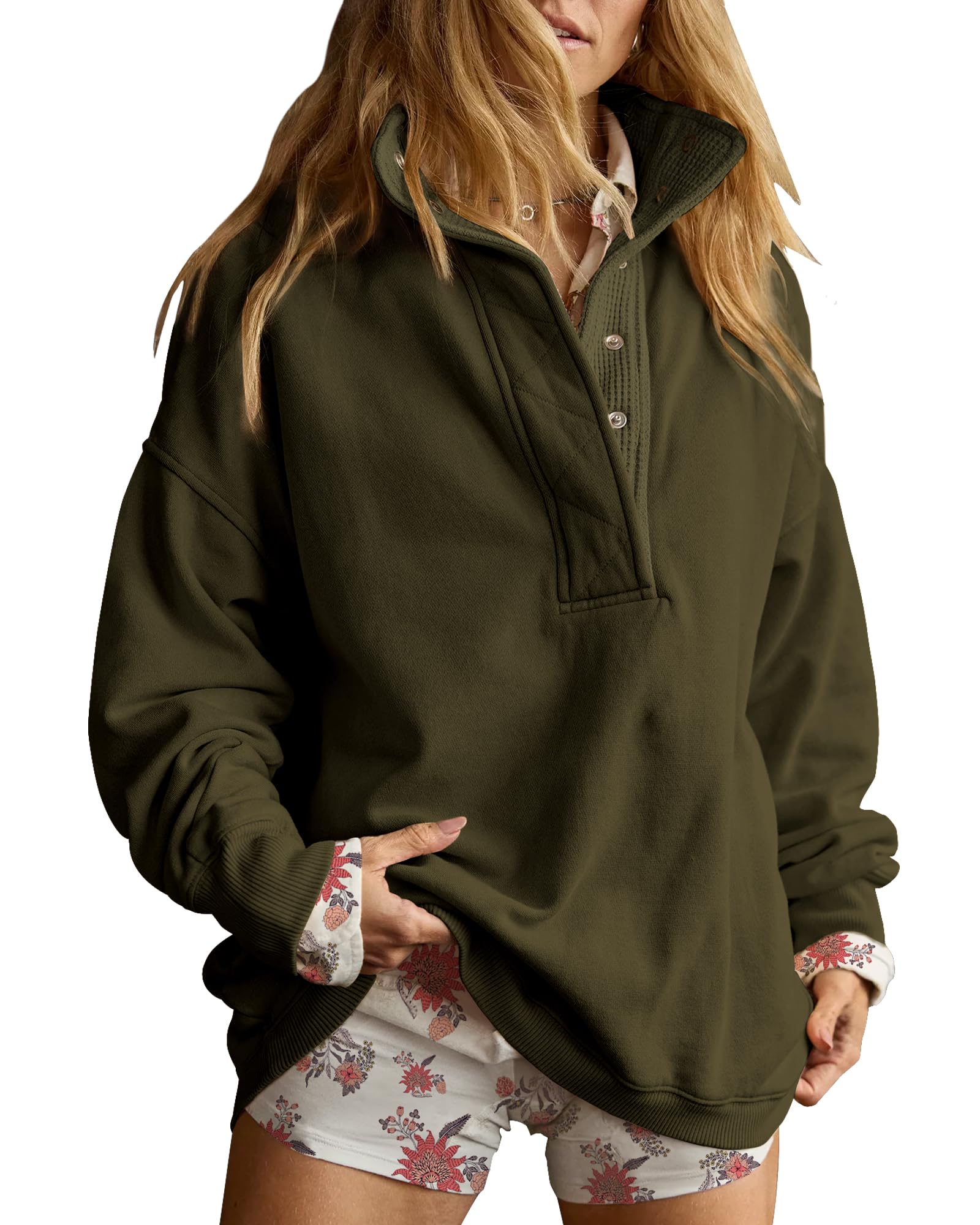 Photo 1 of Gacaky Sweatshirt for Women Oversized Casual Long Sleeve Button Henley Neck Pullover Tops Fashion Outfits Clothes Army Green L