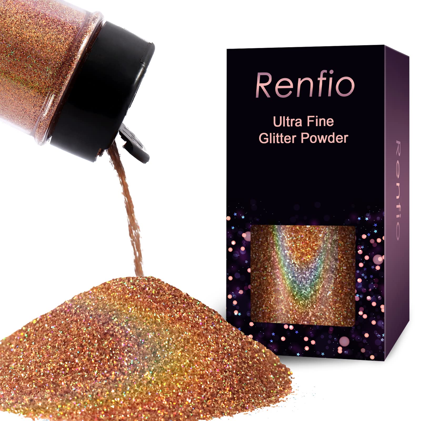 Renfio Holographic Ultra Fine Glitter Powder Metallic Resin Glitter 1.75 Oz (50g) PET Flakes Crafts Sequins 1/128" 0.008" 0.2mm Epoxy Chips Flakes for Tumblers Slime - Laser Rose Gold