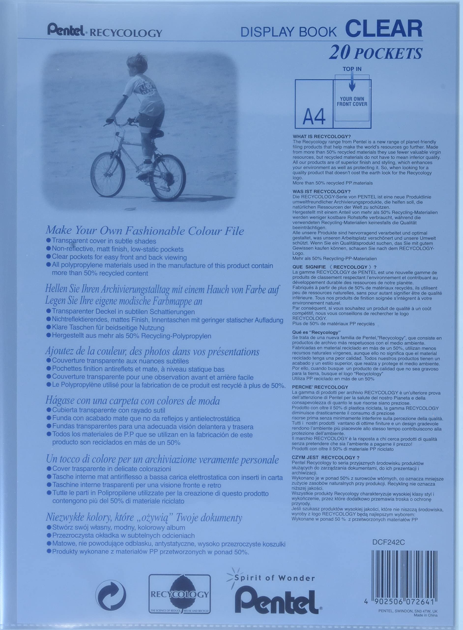 Pentel A4 Recycology Display Book with 20 Clear Pocket - Blue,DCF242C