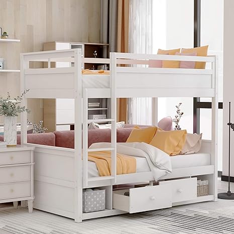 Amazon Com Twin Over Twin Bunk Bed With Two Drawers And Two Storage Space Saving Wood Bunk Bed Twin With Safety Rails And Ladder For Kids Children No Box Spring Required White Twin