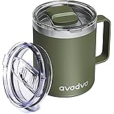 avodvo 12oz Insulated Coffee Mug with Lid – Includes Two Lids, Stainless Steel Coffee Travel Mug with Handle, Double Wall Vacuum Insulated Camping Mug for Home, Office & Outdoor, Army Green