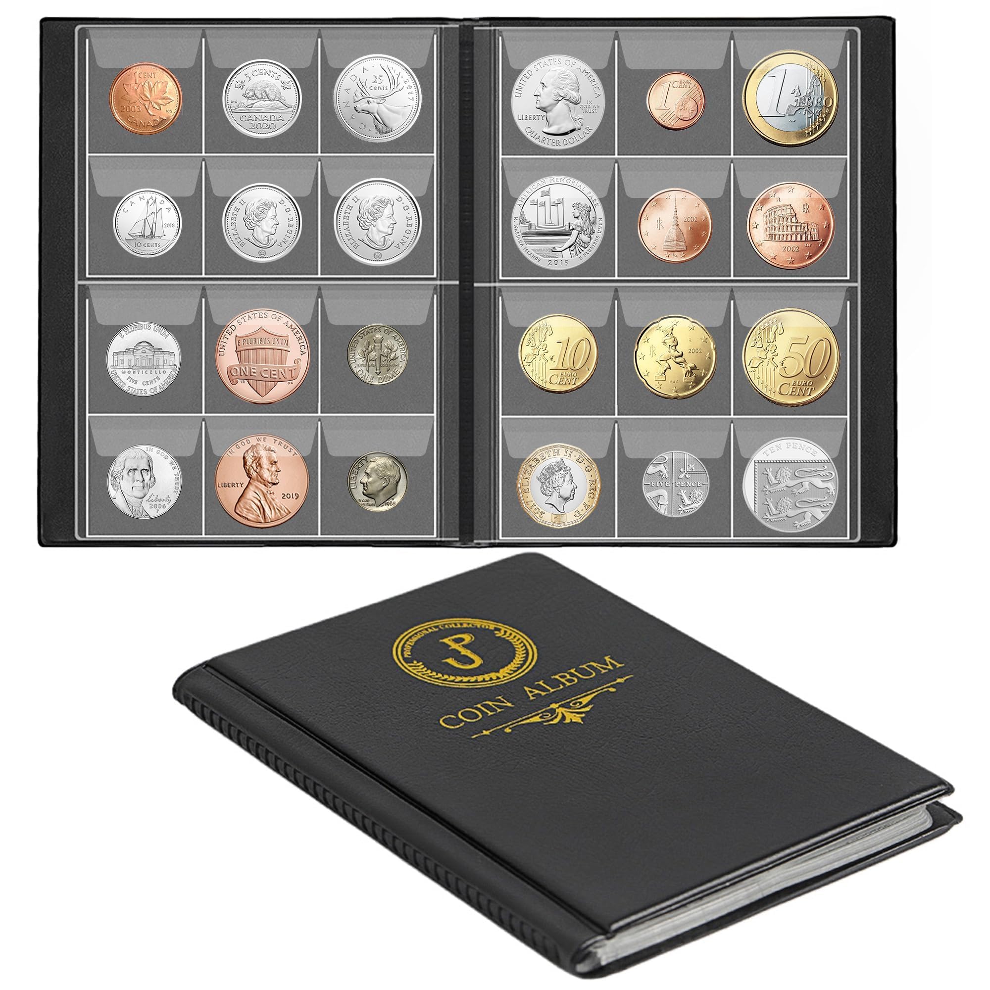 Uncle Paul 120 Pockets Coin Collection Album - Fits Coins Under 25mm, 30x30mm/1.2x1.2 Inch Pocket Coin Holder Collecting Storage Book for Penny Euros CS3712UKS