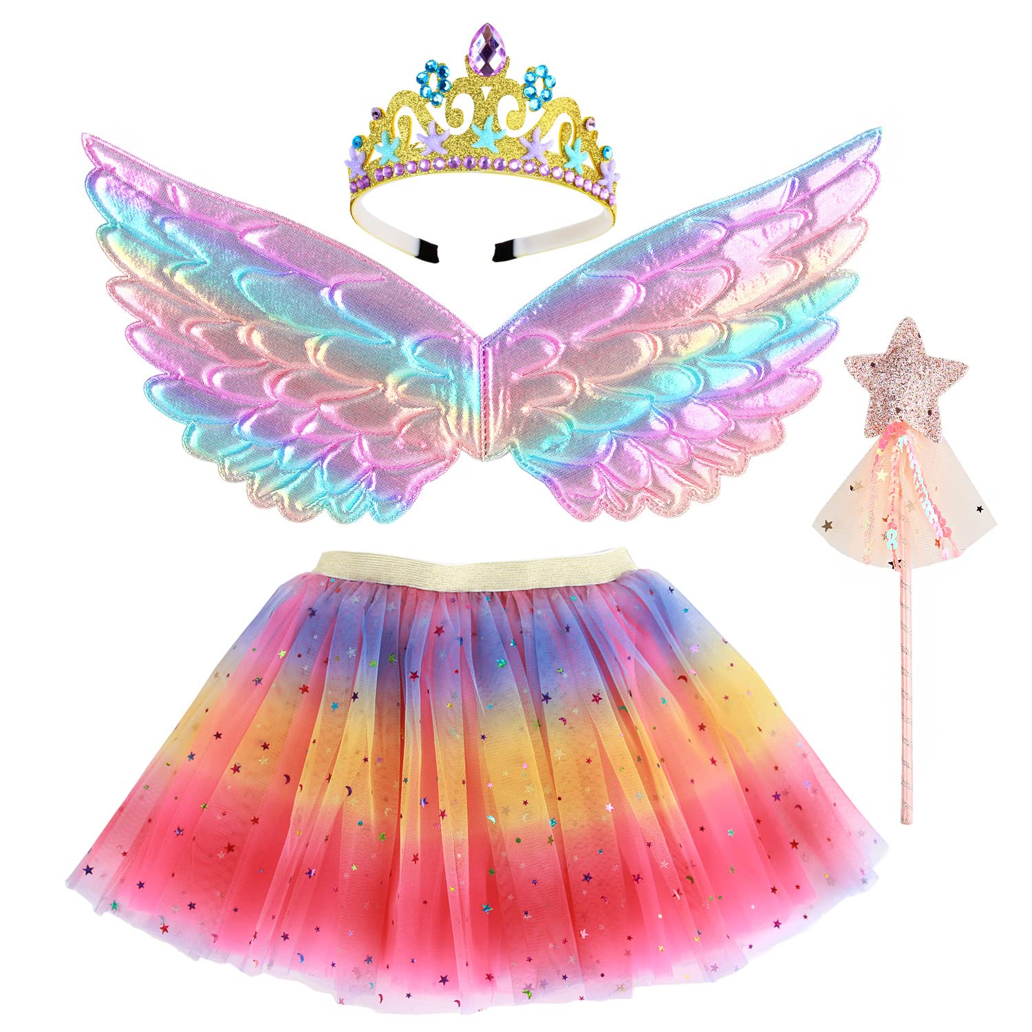 M MUNCASO Girls Fairy Costume Tutu Tulle Tutu Skirt Set with Angel Wings, Magic Wand, Crown Headband for 3-8 Years Girls (Rose Red) — image 1