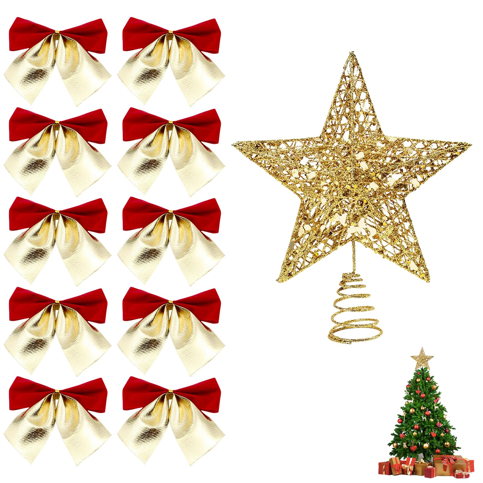 Gold Christmas Tree Topper with Star and 10 Bows for Xmas Decoration - Light Weight Glitter for Nativity Ornament