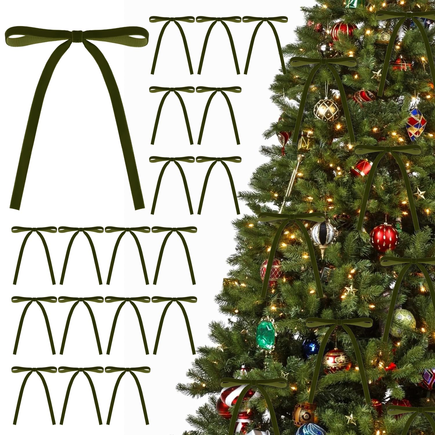 KKSTY 30Pcs Christmas Velvet Bows, Vintage Style Velvet Ribbon Bows for Christmas Tree, Gift Wrapping, Wreaths, Garlands, Wedding, Party, Home Decor,5x7 Inches (Olive Green)