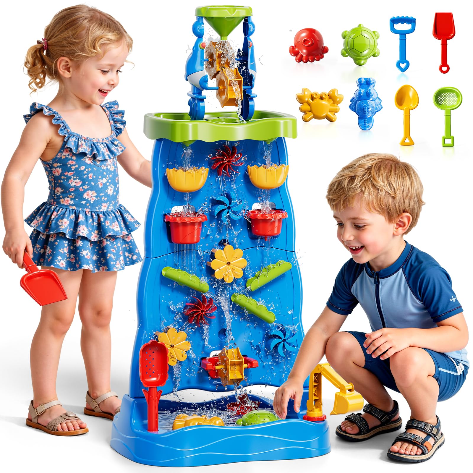 KukuFun Toddler Sand Water Table Waterfall Playset, Kids Activity Sensory Table with Beach Fun Sand Toy, Summer Outdoor Toys Sand Water Play Table for Toddler Ages 2 3 4 5 6 7 8