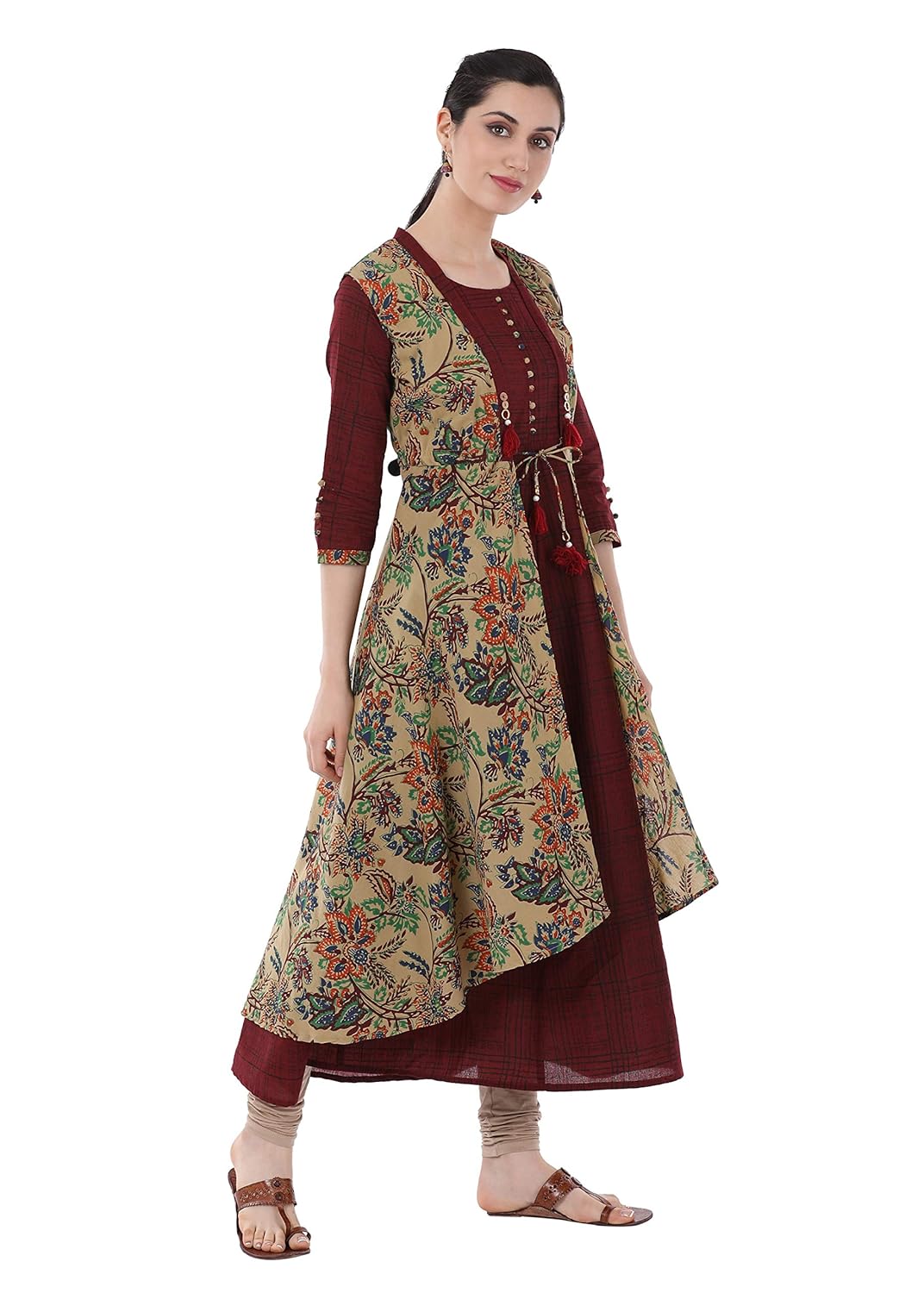 gulmohar jaipur women's layer cotton kurti (maroon)