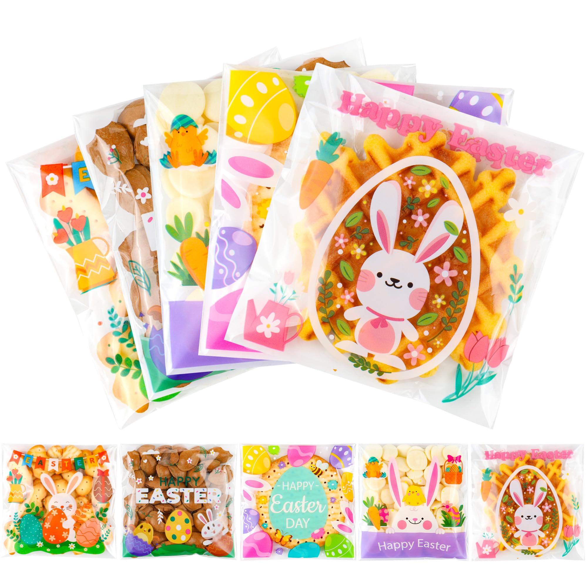 Photo 1 of 100PCS Easter Self Sealing Cookie Bags - 4x4 Inch Clear Cellophane Treat Bags with Happy Easter Bunny Designs for Candy Goodie Gifts Packaging, Ideal for Classroom Exchange, Party Favors