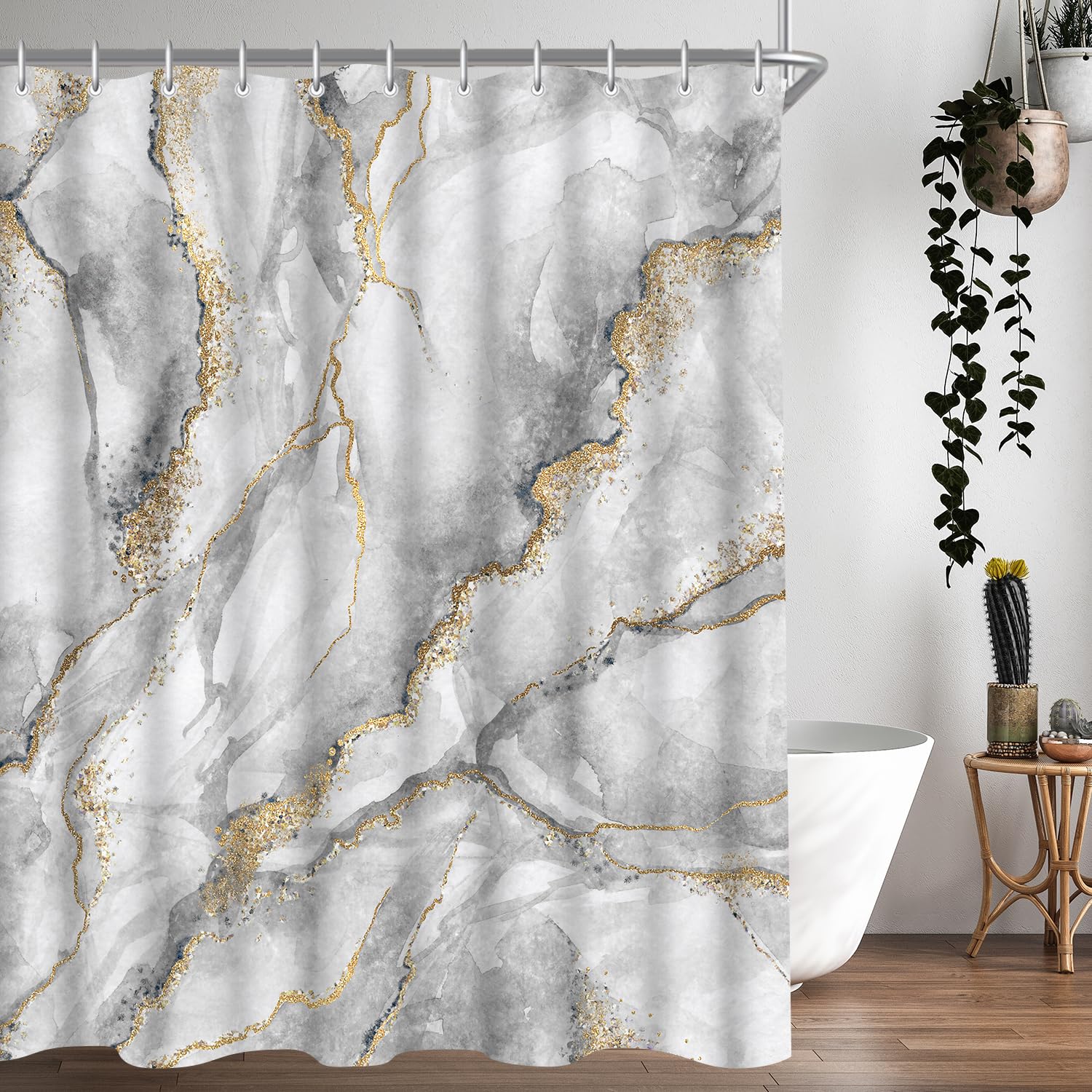 Lerores Shower Curtain, 200 x 200 cm, Marble, Weighted Hem, Anti-Mould Textile, Water-Repellent, Washable Polyester Bath Curtains with 12 Eyelets and Shower Curtain Rings for Bathroom, Bathtub — image 1