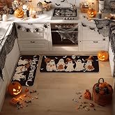 Artoid Mode Ghost Bat Black Halloween Kitchen Mats Set of 2-17x29+17x47 | Jack-O'-Lantern Pumpkin Black Home Decor Low-Profile Kitchen Rugs for Floor