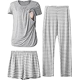 SUNNYBUY Womens Maternity Nursing Pajamas Set, Short Sleeve Breastfeeding Shirts,Pregnancy Shorts & Pants 3 Piece Nursing PJS
