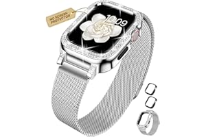 XYF Bling Bands Compatible for Apple Watch Band 45mm for Women with Bumper, Stainless Steel Mesh Magnetic Luxury Diamond Jewelry Milanese Strap Dressy iWatch Loop Series 9 8 7 (45mm, Silver)