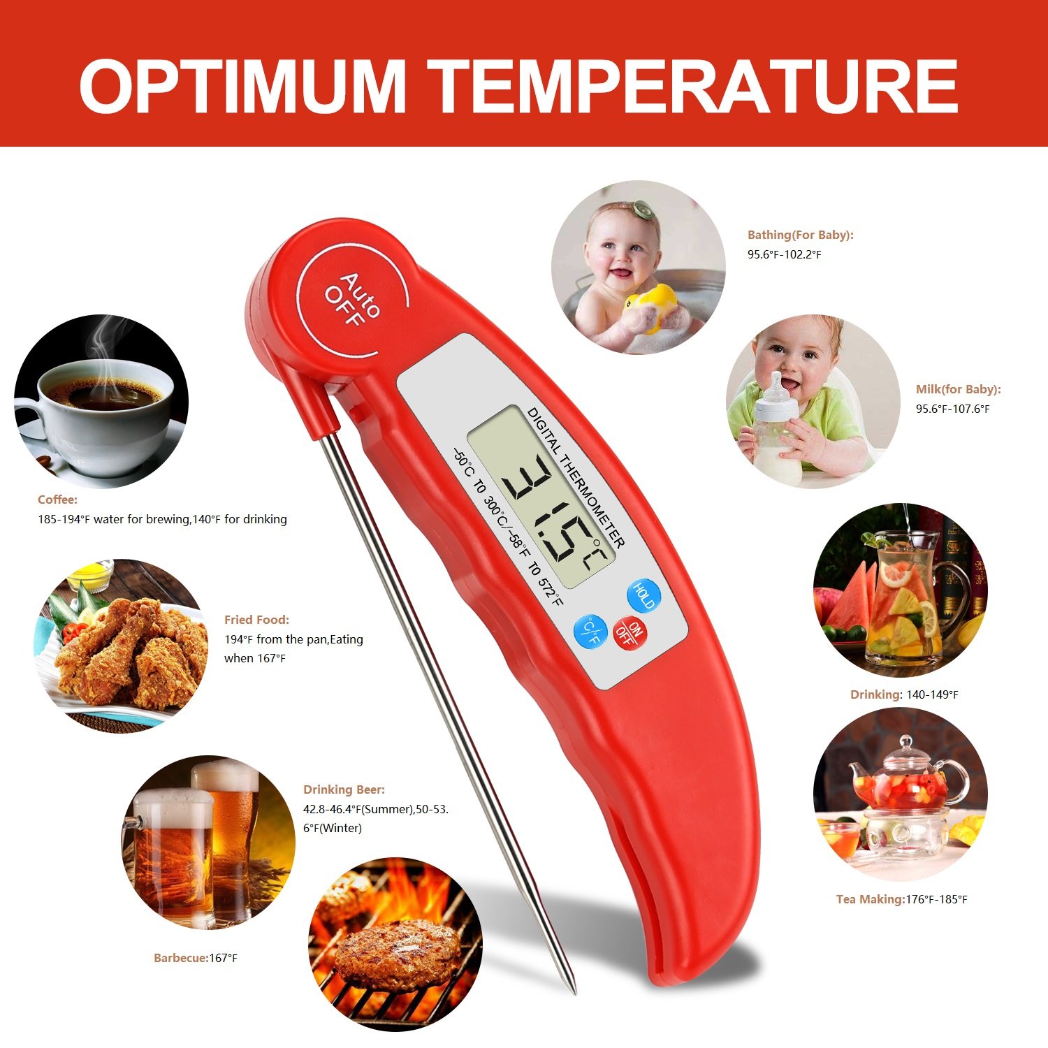 Meat Thermometer,BBQ Thermometer Digital Meat Thermometer Cooking Thermometer Instant Read Thermometer Food Thermometer Kitchen Thermometer for BBQ Grill Smorker Food Meat Milk Tea etc (Red)