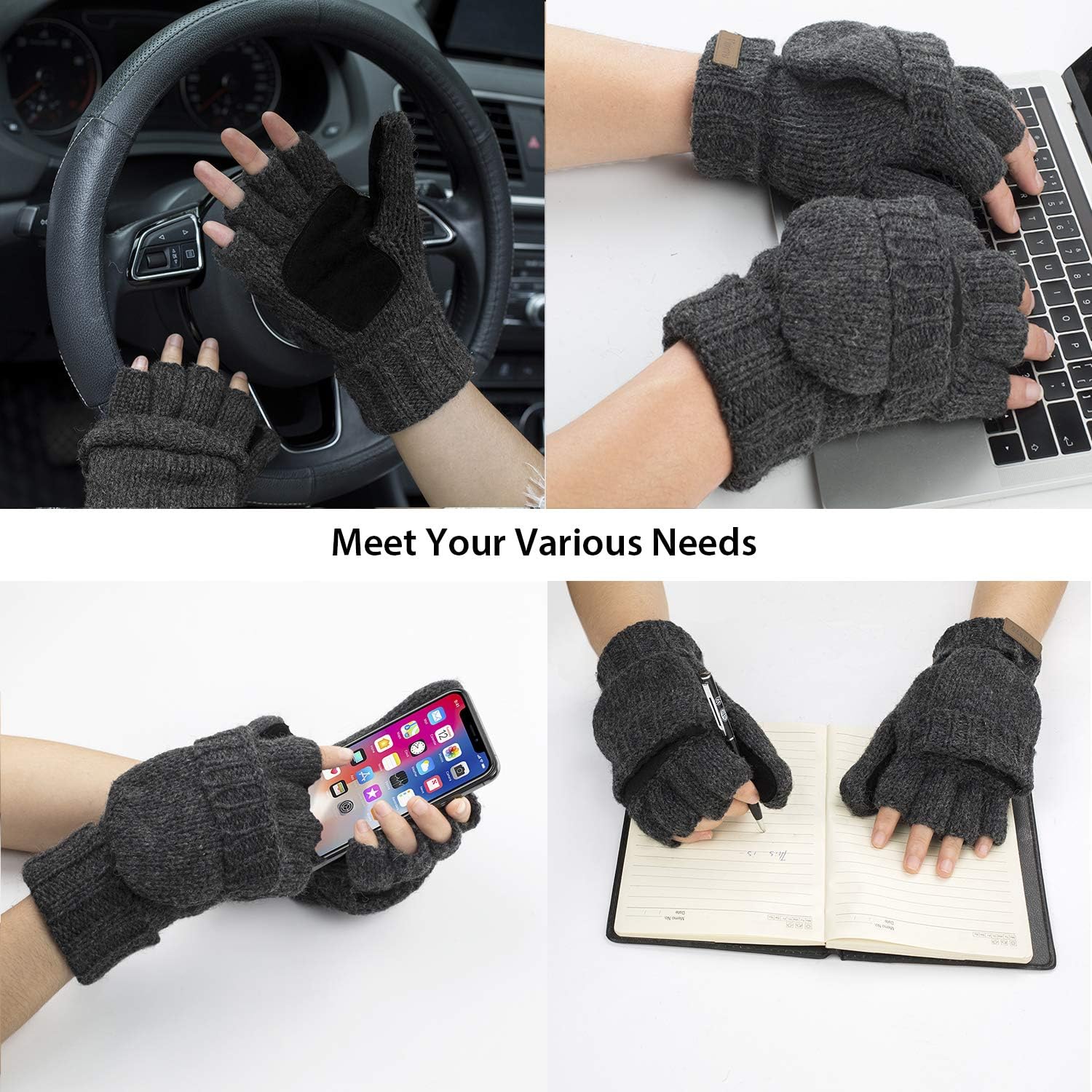 Winter Knitted Convertible Fingerless Gloves Wool Mittens Warm Mitten Glove for Women and Men at  Women’s Clothing store