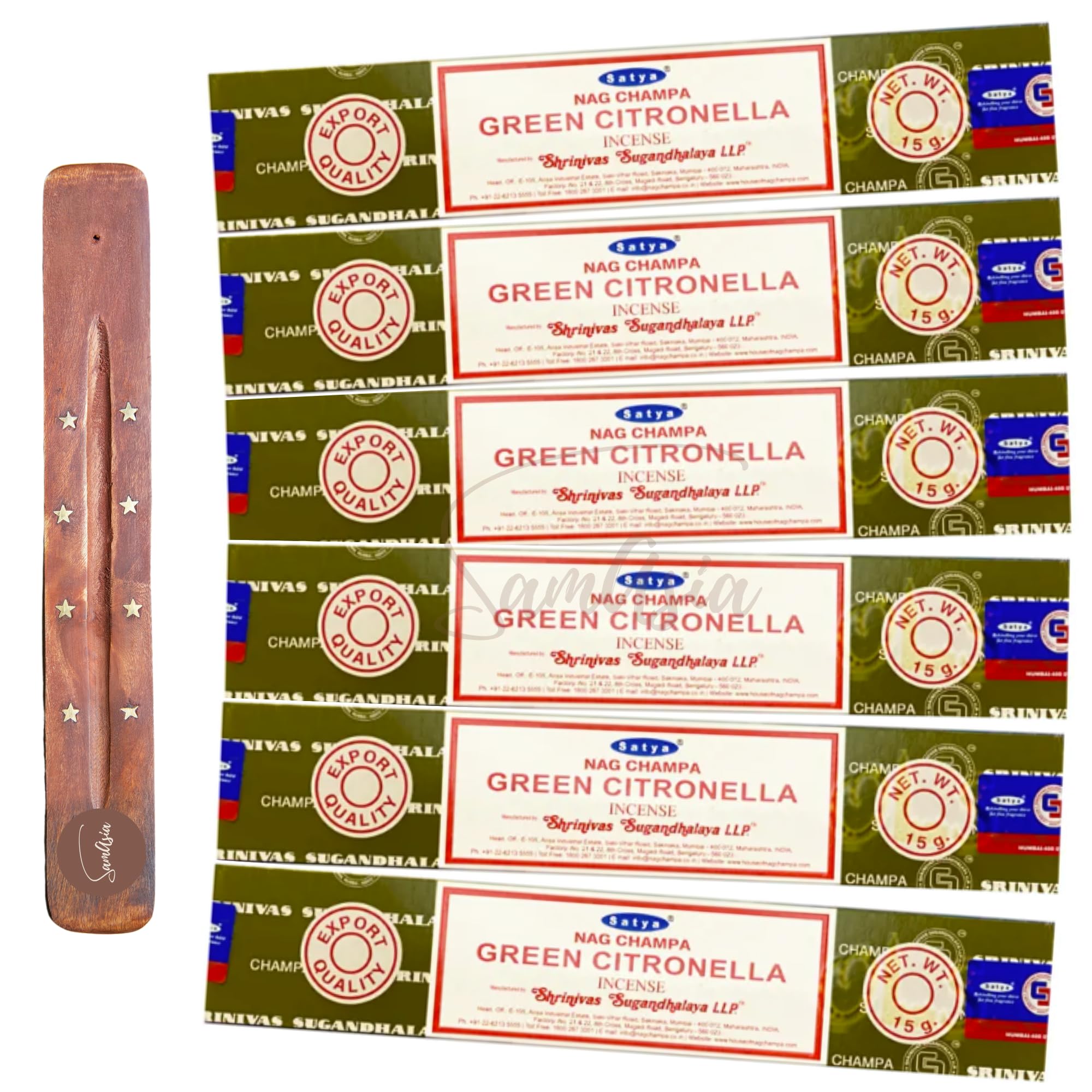 Satya Nag Champa Green Citronella Incense Sticks | x6 pack | with SAMASIA incense sticks holder | Used for Aromatherapy, Spa, Yoga, Weddings, Meditation, Healing, Positivity and Relaxation