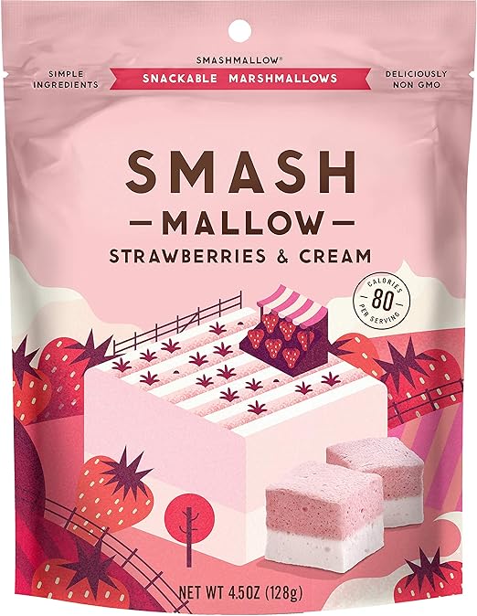 Strawberries & Cream by SMASHMALLOW | Snackable Marshmallows | Non-GMO | Organic Cane Sugar | 80 calories
