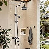 Exposed Shower System Matte Black,Antique Outdoor Shower Faucet with 8 Inches Rainfall Shower Head,Vintage Outdoor Shower Fix