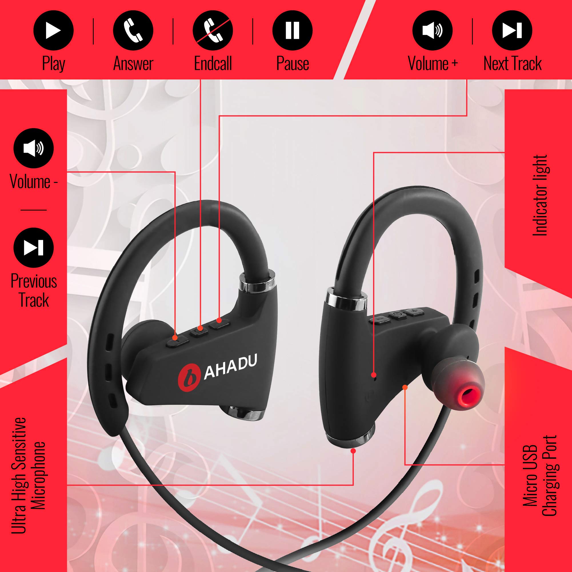AHADU Bluetooth Headphones, AHBT102, 2019 Improved Wireless Sports