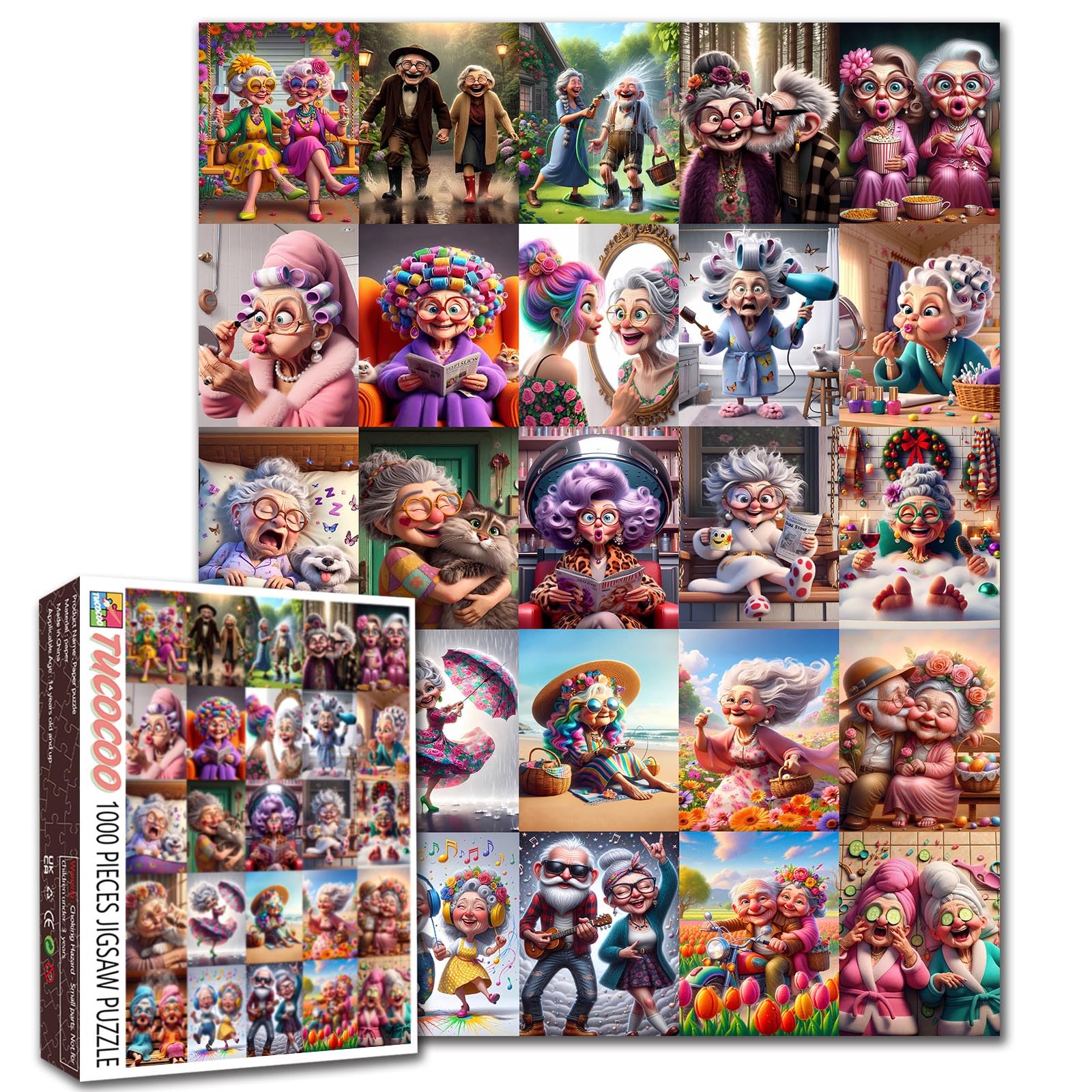 Grandma Puzzles for Adults 1000 Piece Funny Old Woman Sister Art Jigsaw Puzzle Elderly Senior Friendship Challenging Puzzles Colorful Collage DIY Craft Puzzle Gift Home Wall Decor Family Games