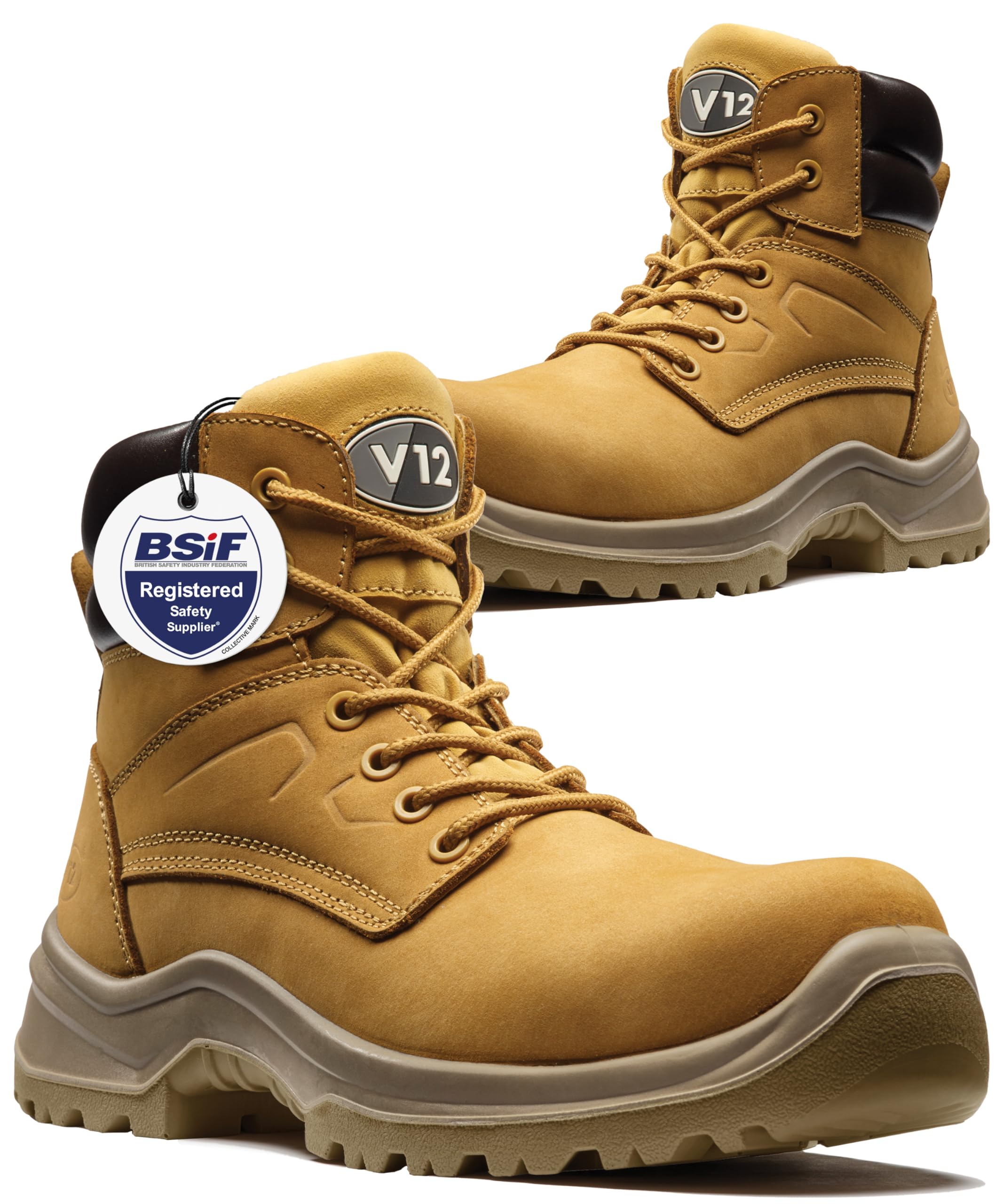 V12 Bobcat STS Honey S1P SRC Safety Work Boots for Men - Composite Toe Cap, Anti-Penetration Midsole, Slip-Resistant, Lightweight Steel Toe Boots - Size 12