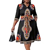 FANDEE Plus Size Midi Dress for Women - Printing Summer Dresses for Wedding Guest Cocktail Party 3/4 Sleeve V Neck（L-5XL）