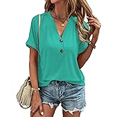 Balivsa Womens Summer Shirts Short Sleeve Button Down V Neck Business Casual Tunic Tops Ladies Blouses Basic Tees