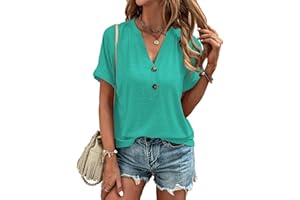 Dimur Womens Tops Trendy V Neck Button Down Short Sleeve Tshirts Business Casual Basic Tee Loose Fit