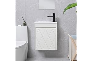 USBATHJOY 16" Bathroom Vanity Sink Combo for Small Space, Wall Mounted Bathroom Cabinet Set with White Resin Basin Sink Top Black Faucet Pop Up Drain White