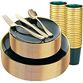LIYH 180 Pcs Green and Gold Plastic Plates - Green Plastic Dinnerware sets,Disposable Dinner Dessert Plates, Gold Plastic Silverware Cups for Holiday, Party