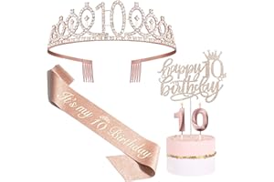 Bella Meri 10th Birthday Gifts for Girls, 10th Birthday Tiara Crown, Sash, Cake Toppers,Birthday Candles, 10 Birthday Decorations Women
