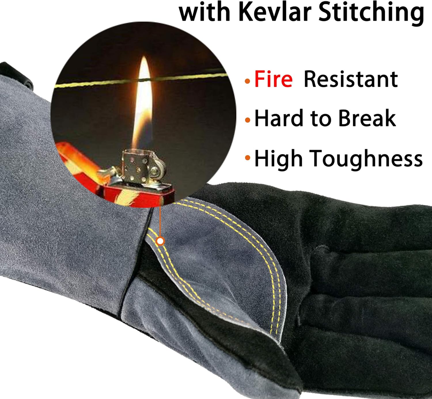 WZQH 16 Inches, 932℉, Leather Forge Welding Gloves, with Kevlar Stitching Heat/Fire Resistant, Mitts for BBQ, Oven, Grill, Fireplace, Tig, Mig, Baking, Furnace, Stove, Pot Holder, Animal Handling Glove.Black-Gray - - 