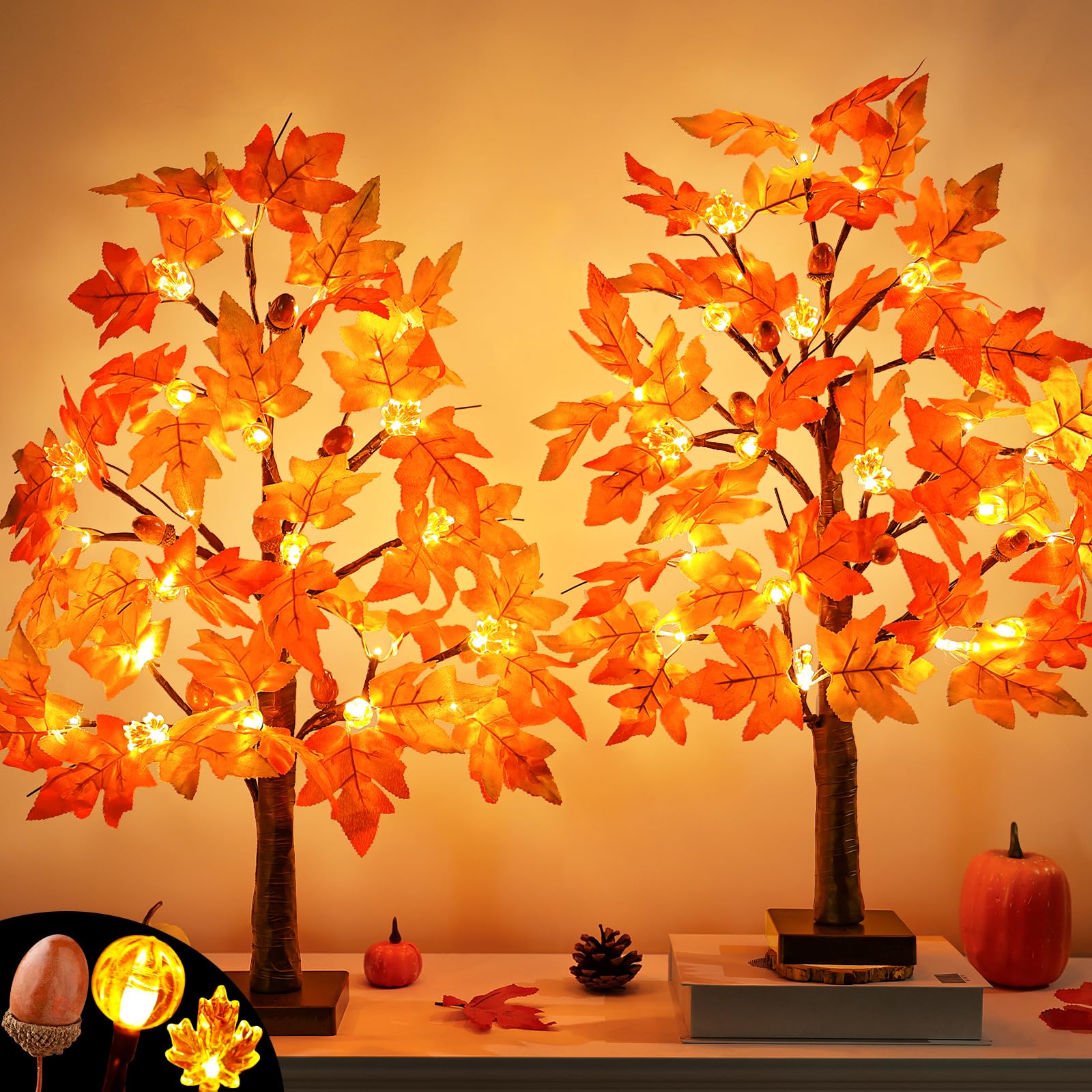 Photo 1 of 2 Pack 24 Inch Lighted Fall Tree for Fall Decorations with 48 LED Timer Battery Operated Tabletop Prelit Artificial Fall Light Up Tree for Home Indoor Outdoor Autumn Harvest Thanksgiving Table Decor