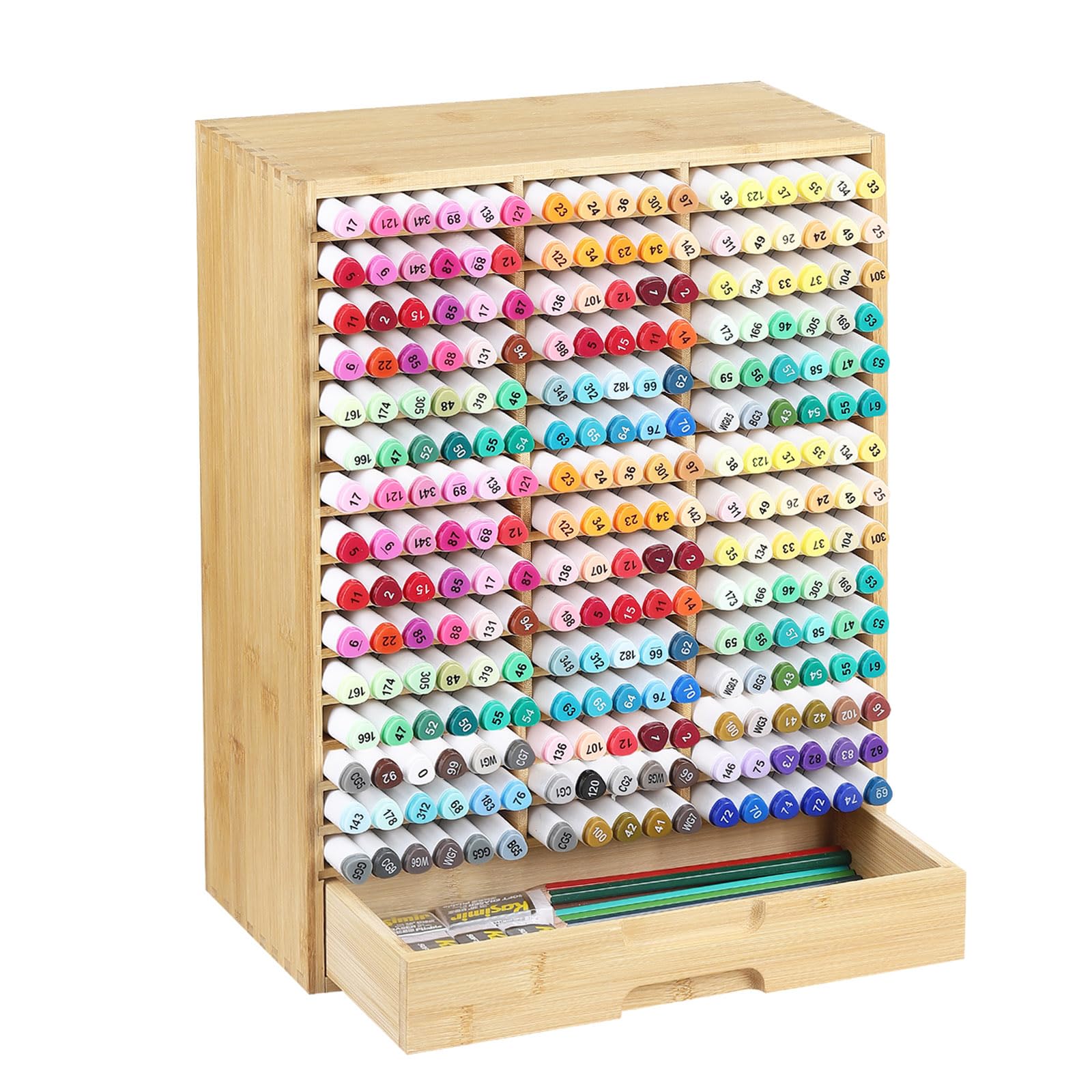 Photo 1 of AUTOARK Bamboo Marker Organizer for 255 Markers,Desktop Storage Hold with drawers,Art Markers Pens Pencils Art Brushes Stationary Organizer Marker Pen Holder,AHK-063