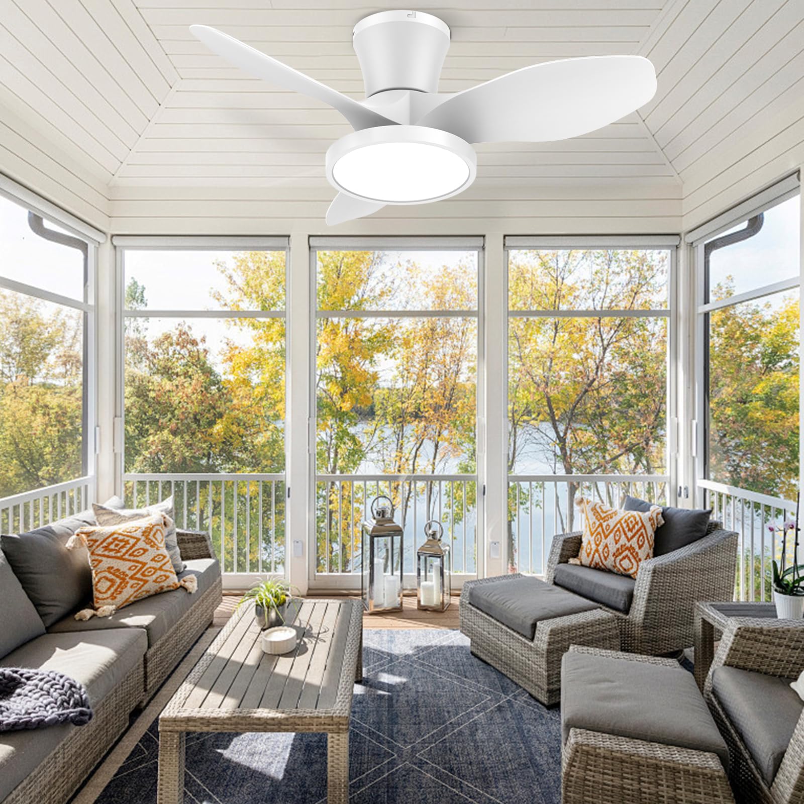 ocioc Quiet Ceiling Fan with LED Light DC motor 32 inch Large Air Volume Remote Control White for Kitchen Bedroom Dining room Patio