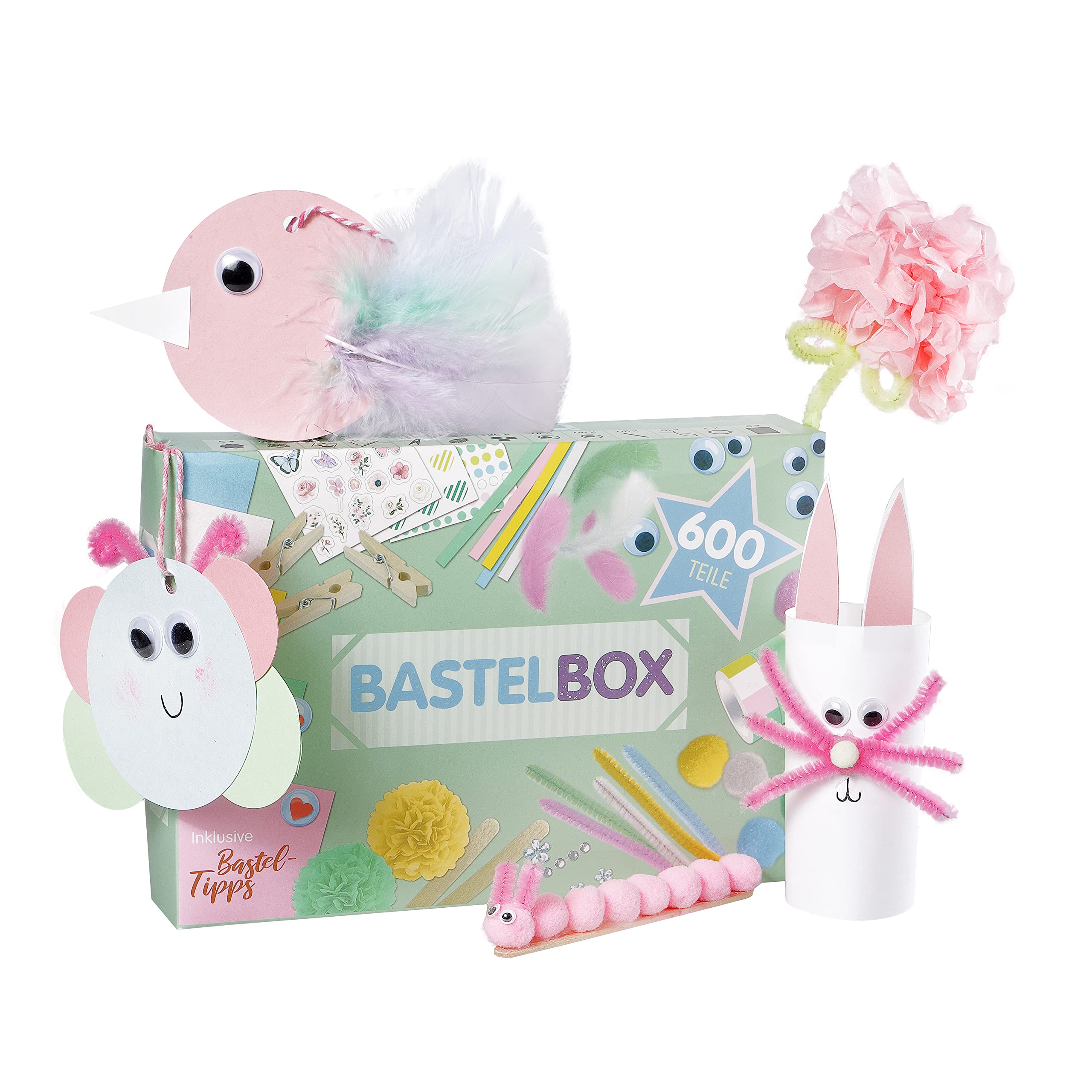 Lulubug Craft Set for Girls and Boys, 600 Pieces, Silk Flowers, Pompoms, Clay Paper, Washi Tape, Wiggly Eyes, Stickers and Much More in Craft Case, DIY Scrapbook Craft Box for Children