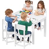 BOLUO Kids Table and Chair Set 3-7 Year Old, Activity Table for 4 Kids, White Toddler Table and Chairs, Play Desk for Childre