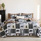 Wake In Cloud - Rustic Quilt Set, Cabin Lodge Christmas Bear Moose Deer Wildlife Western Patchwork Country, Reversible Lightweight Bedspread Coverlet, 3 Pieces, Gray Brown, Queen/Full Size