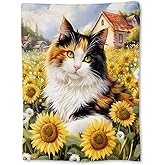 Ti Caldi Adorable Cat & Sunflower Blanket, Soft Fuzzy Flannel Throw Blanket for Couch, Bed, Travel & Home Decor, Lightweight Cozy Warm Blankets for Adults Kids Men Women 60×50 in