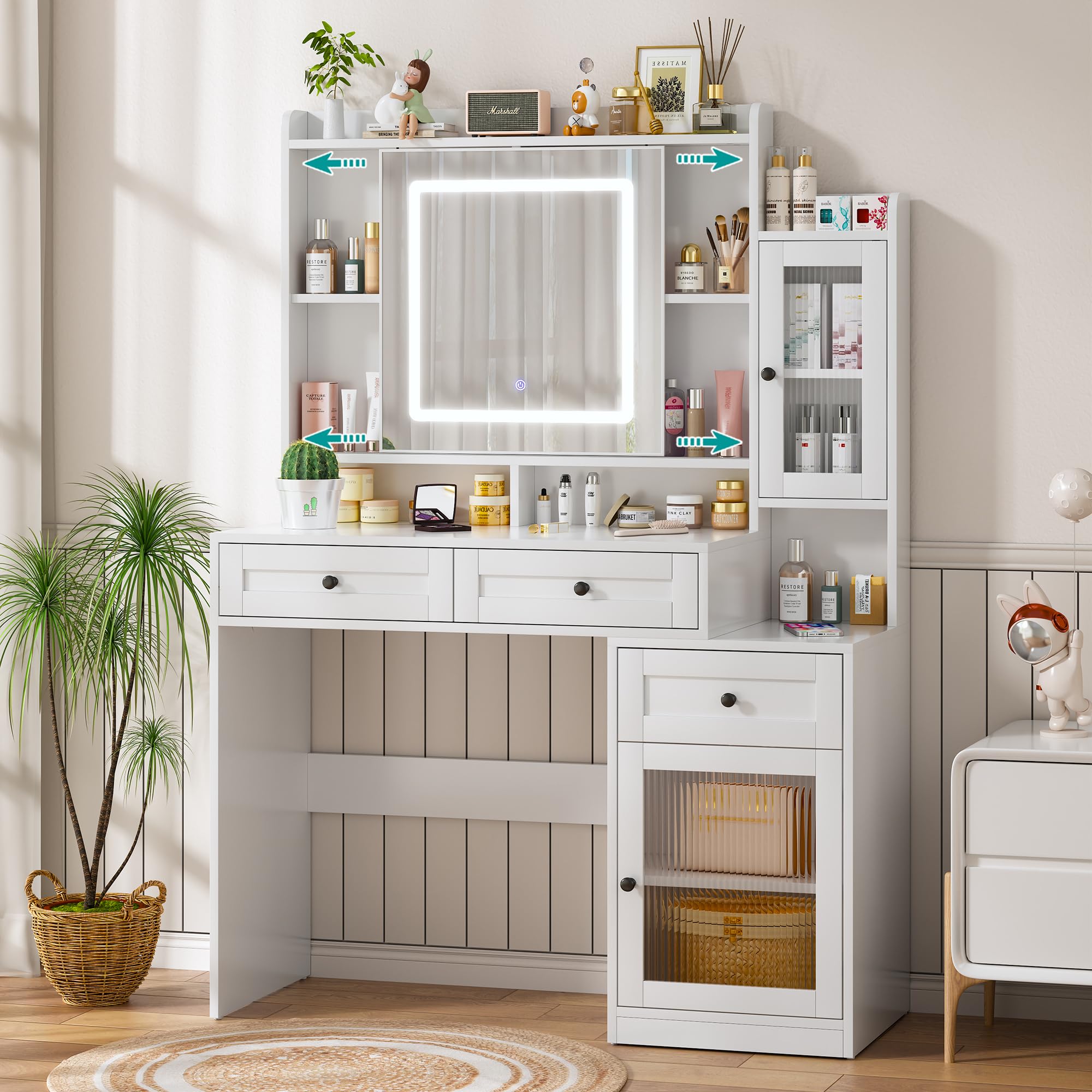 Photo 1 of **MISSING PARTS**
NOHEPXCY Vanity Desk with Sliding Mirror,White Makeup Vanity with 3 Drawers 6 Open Storage Shelves and 2 Adjustable Glass Cabinet,Dressing Table for Grils Bedroom