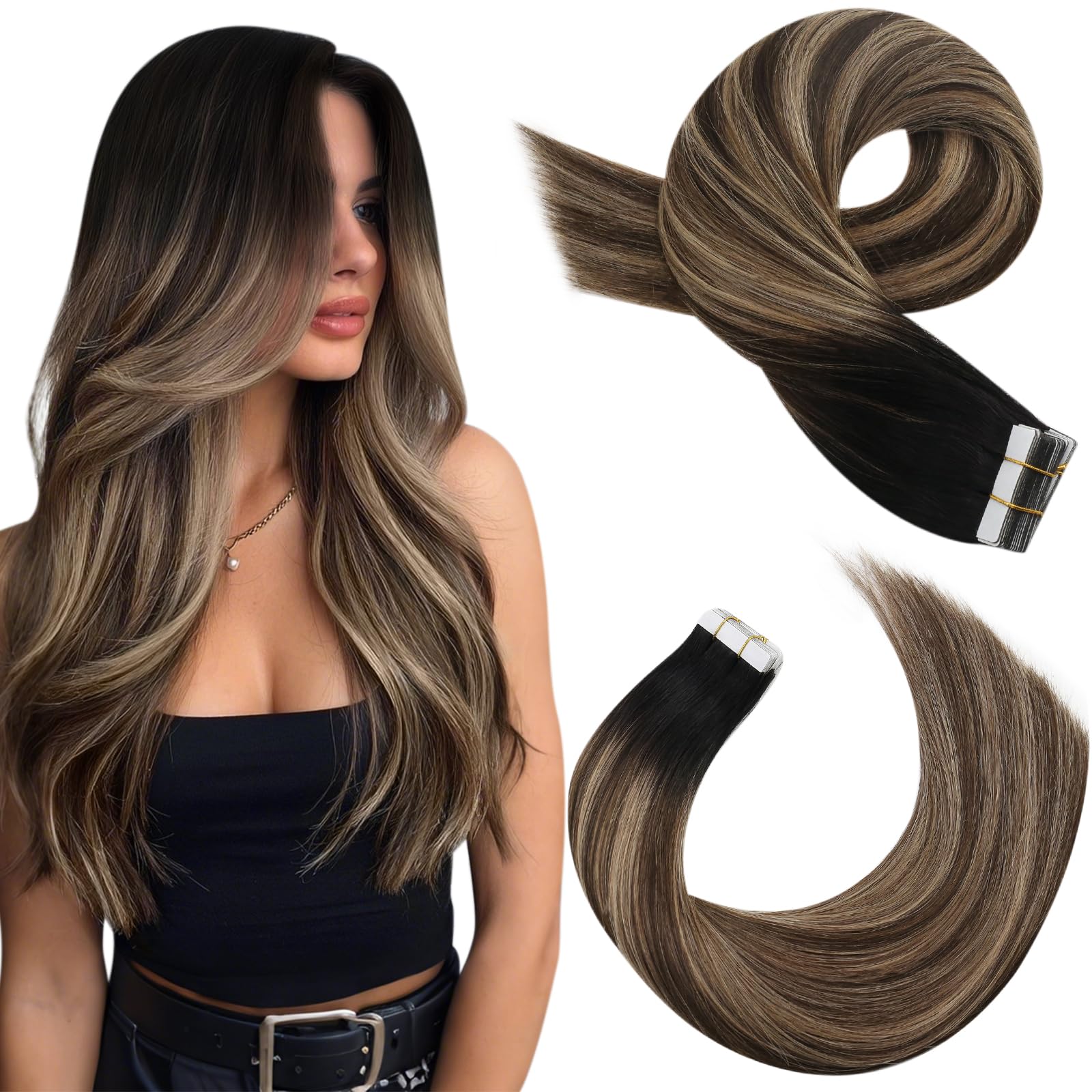 Moresoo Human Hair Tape in Extensions Real Remy Tape in Extensions Balayage Black Ombre to Brown with Blonde Tape in Hair Extensions Human Hair 20 Pieces/50g #1B/4/14 14 Inch