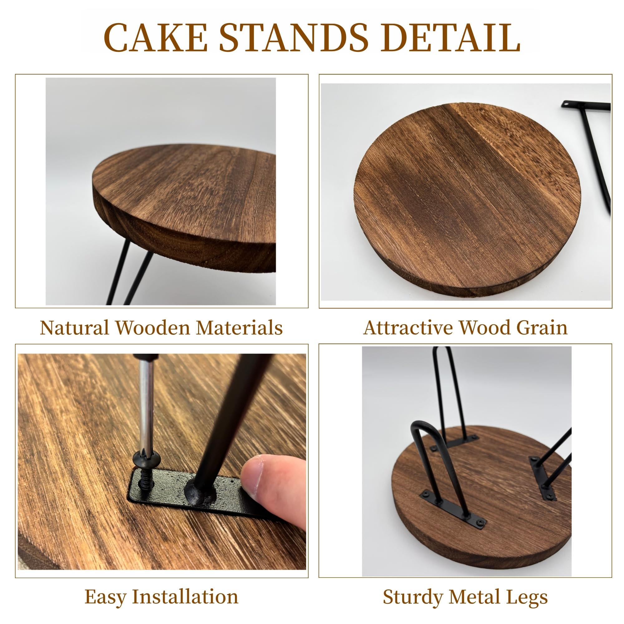 Wooden Cake Stand Set of 3 - 8 10 12 Inch Cake Pedestal with Metal Legs, Wood Dessert Table Display Stand Tiered Cupcake Holder Serving Platter for Wedding Baby Shower Birthday Party Table Decoration