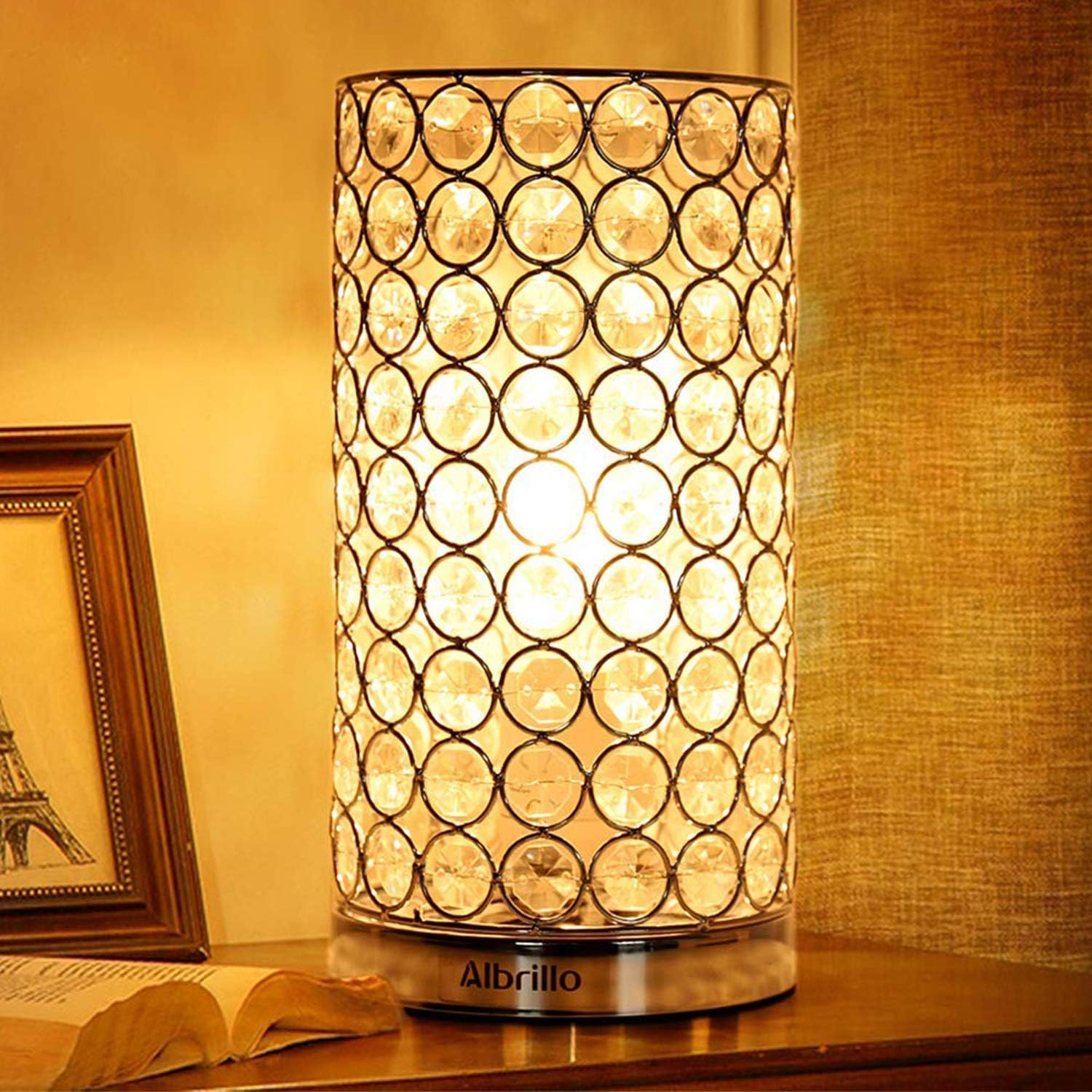 Albrillo Crystal Table Lamp Bedside Lamps, Decorative Table Light with Silver Shade, Nightstand Lamps for Bedroom, Living Room, Dining Room