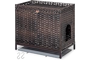 SETVSON Cat Litter Box Enclosure Furniture, Hidden Handwoven Rattan Litter Box with Mat, Large Cat House with Metal Heightened Feet, 30.3 x 18.3 x 28 Inches, Indoor for Living Room, Bedroom Brown