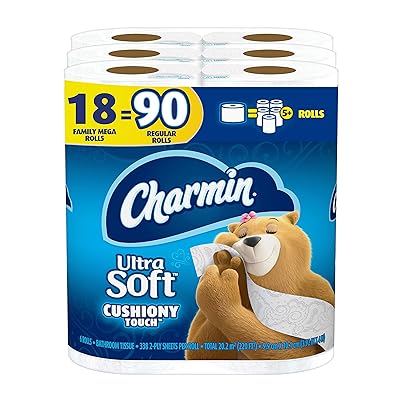 Charmin Ultra Soft Cushiony Touch Toilet Paper, 18 Family Mega Rolls = 90 Regular Rolls