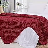 Bigacogo Chunky Knit Throw Blanket for Couch, 51x63 inches, 100% Hand Knitted with Thick Jumbo Chenille Yarn, Cozy Soft Large Rope Knot Cable Crochet Blankets for Sofa Bed Living Room, Red