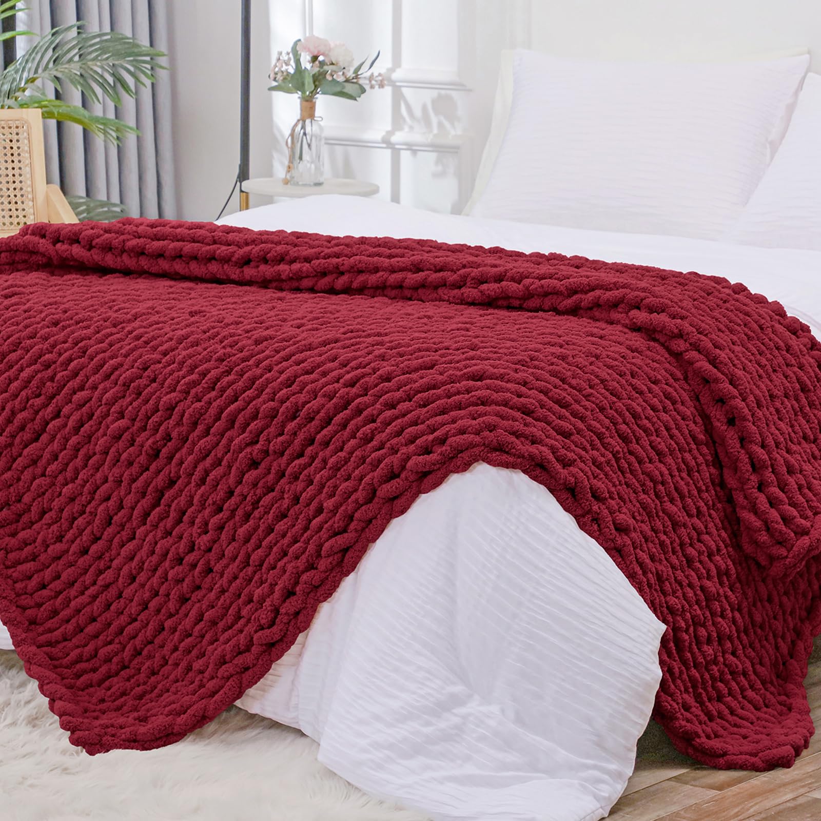 Photo 1 of Bigacogo Chunky Knit Throw Blanket for Couch, 51x63 inches, 100% Hand Knitted with Thick Jumbo Chenille Yarn, Cozy Soft Large Rope Knot Cable Crochet Blankets for Sofa Bed Living Room, Red