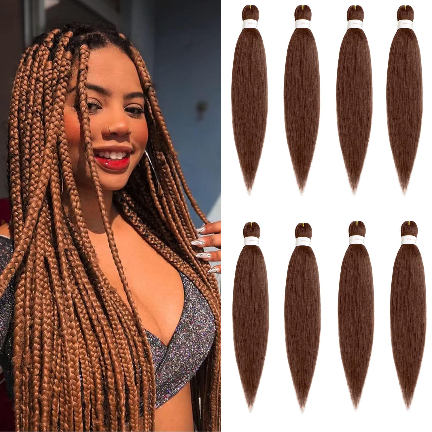 Mscat 16 Inch 8 Packs Pre Stretched Braiding Hair Brown Pre Stretched Braiding Professional Synthetic Prestretched Crochet Braids Hair Extension Hot Water Setting Yaki Texture (30#) — image 1