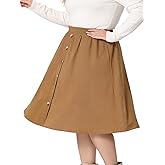 Agnes Orinda Plus Size Corduroy Midi Skirts for Women Elastic High Waist Button Front A-Line Skirt with Pockets