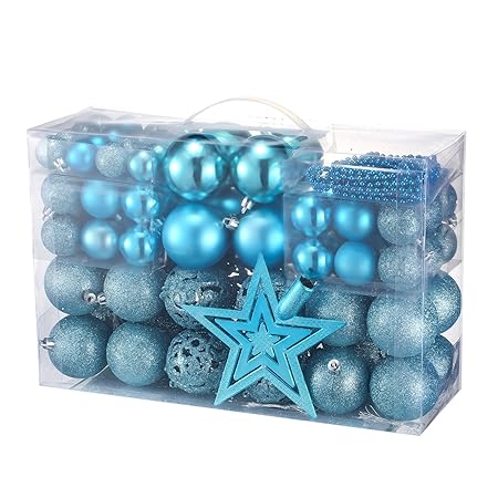 Yorbay Weihnachtskugeln Christbaumkugeln Set inklusive Perlenkette und Baumspitze (Eisblau)